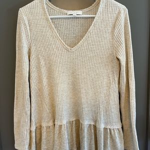 Anthropologie v-neck, waffle, peplum, long-sleeve, blouse- XS, cream